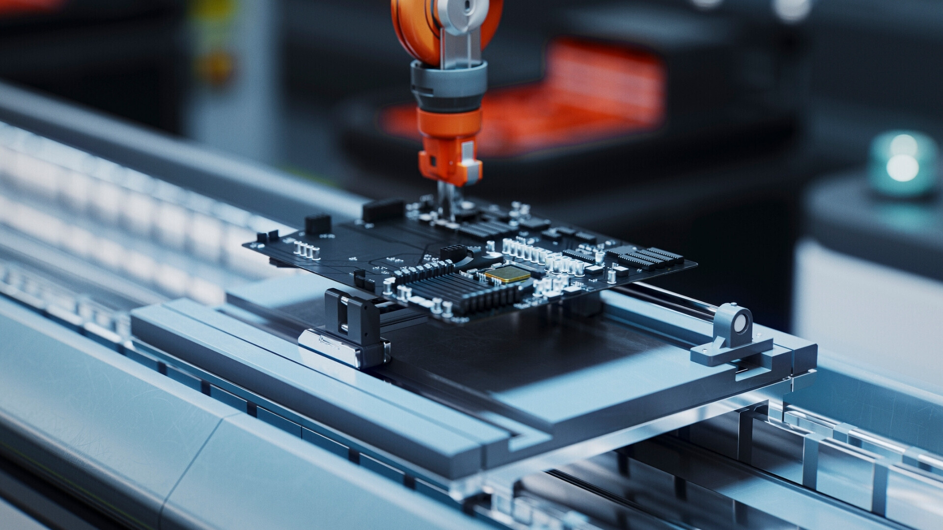 Braccio robotico che assembla una scheda madre su una linea di produzione automatizzata in una fabbrica high-tech Un braccio robotico di precisione monta una scheda madre su una linea di assemblaggio automatizzata in una moderna fabbrica di elettronica, evidenziando produzione avanzata, tecnologia ed efficienza.