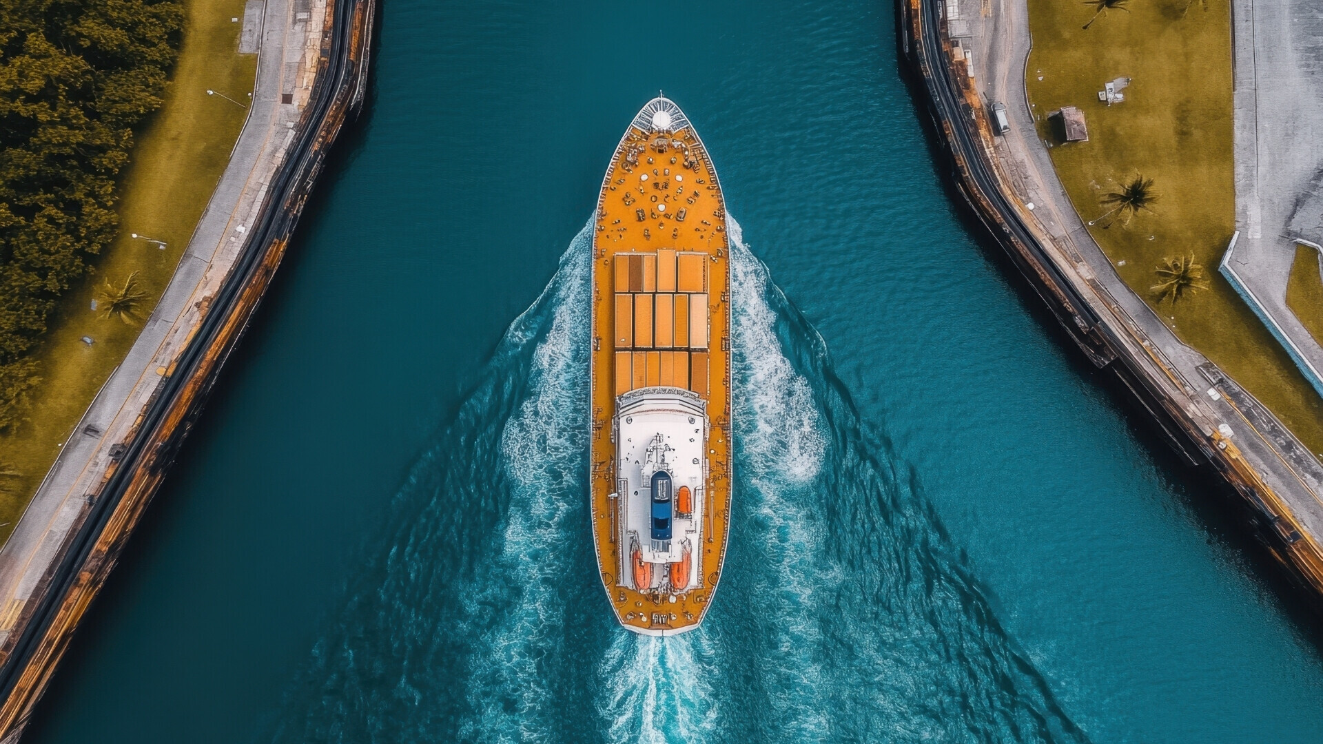 Vista dall'alto nave cargo Inquadratura aerea di una nave cargo in mare, che mostra i container ordinati sul ponte e il movimento dell’acqua intorno.