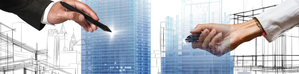 3dmodel_websim2 Due mani disegnano con le matite dei grattacieli azzurri