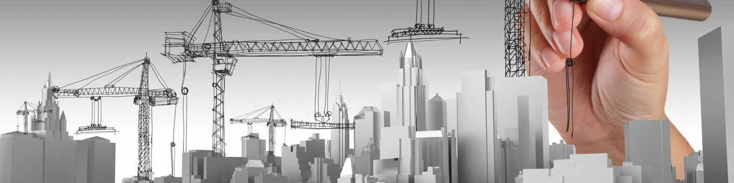 3dmodel_websim3 Modello 3d stilizzato di una città in costruzione, gru e progettista che disegna