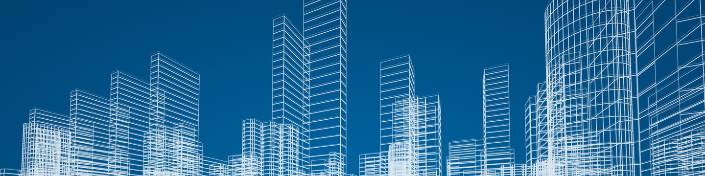 Disegno tridimensionale a linee di città costituita da grattacieli. Sfondo blu