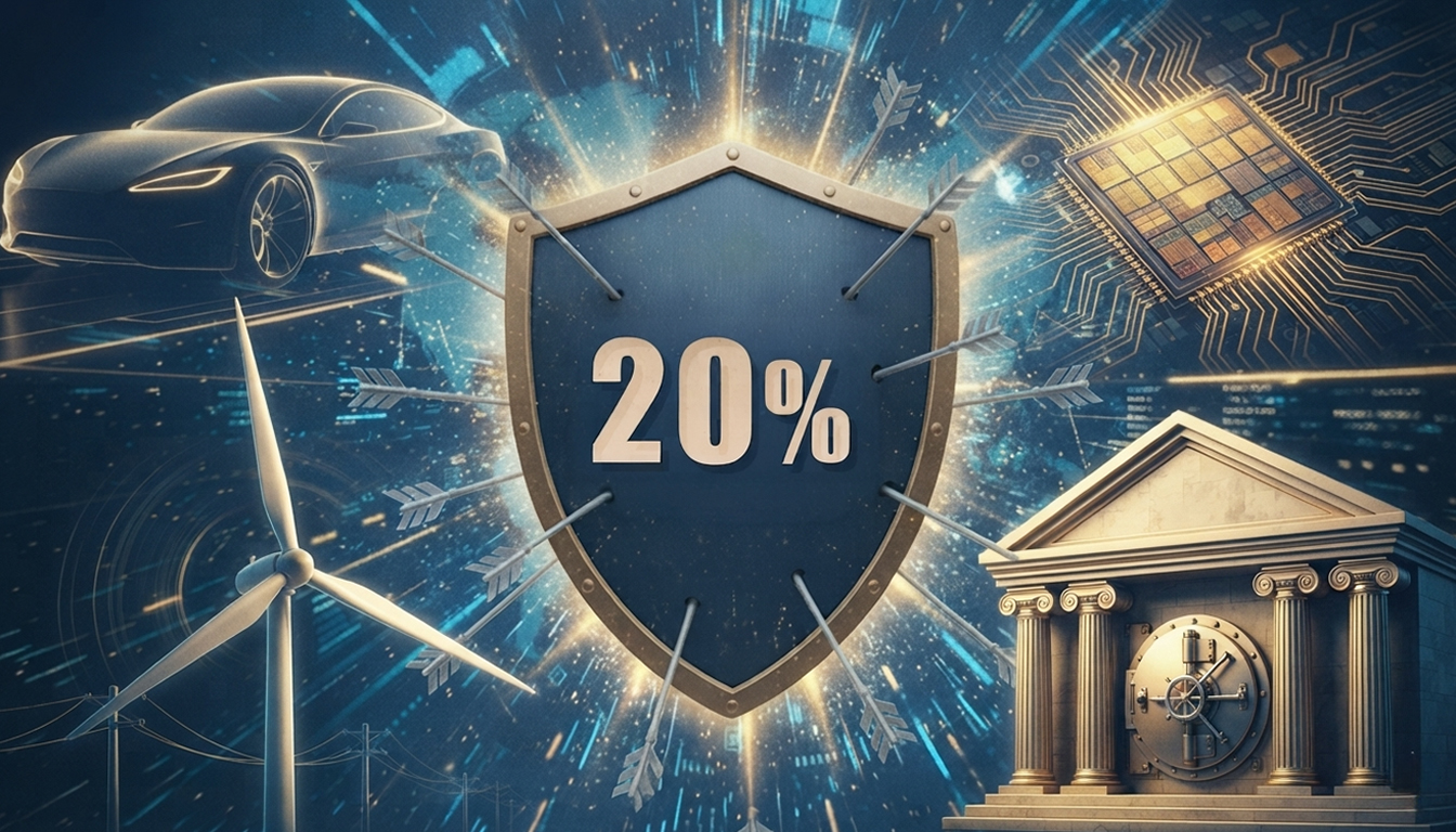 barriera 20% sottostanti scudo con inciso 20%. Sullo sfondo blu sono rappresentati una macchina, una struttura architettonica, un chip e una pala eolica