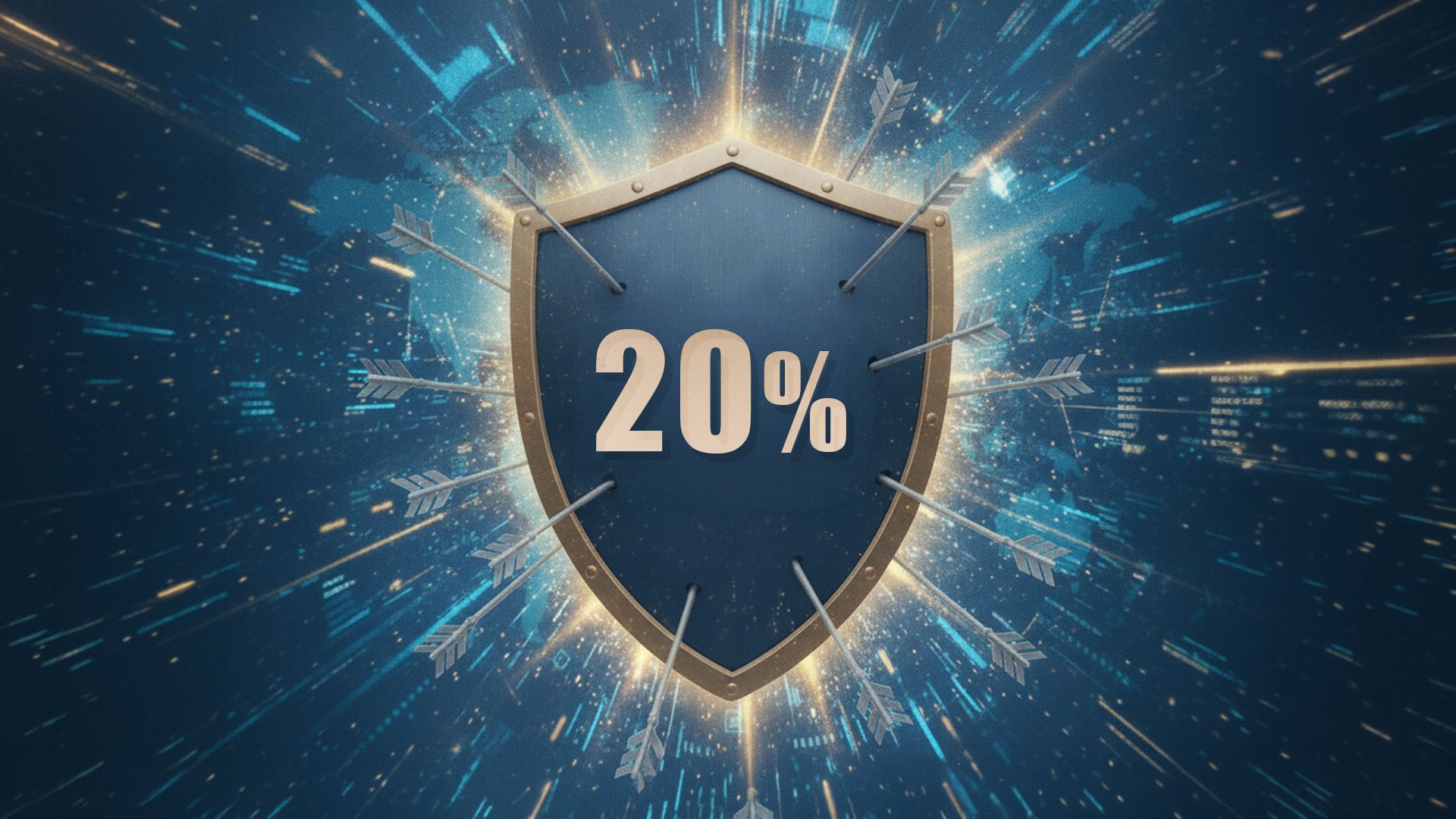 Barriera 20% Scudo blu in primo piano su sfondo blu, con una mappa del mondo visibile sullo sfondo. Al centro dello scudo compare in evidenza la scritta “20%”.