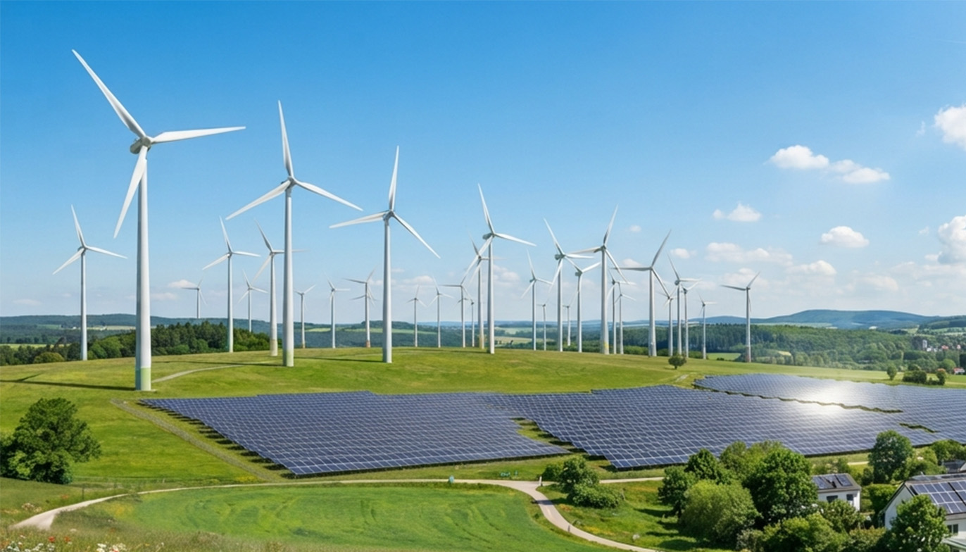 clean energy Su un prato verde, sotto un cielo azzurro, si trovano pale eoliche e pannelli solari.