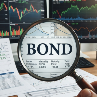 focus su bond Uno sfondo con foglio e computer che rappresentano grafici appoggiati ad una scrivania. al centro la parola bond ingrandita da una lente di ingrandimento