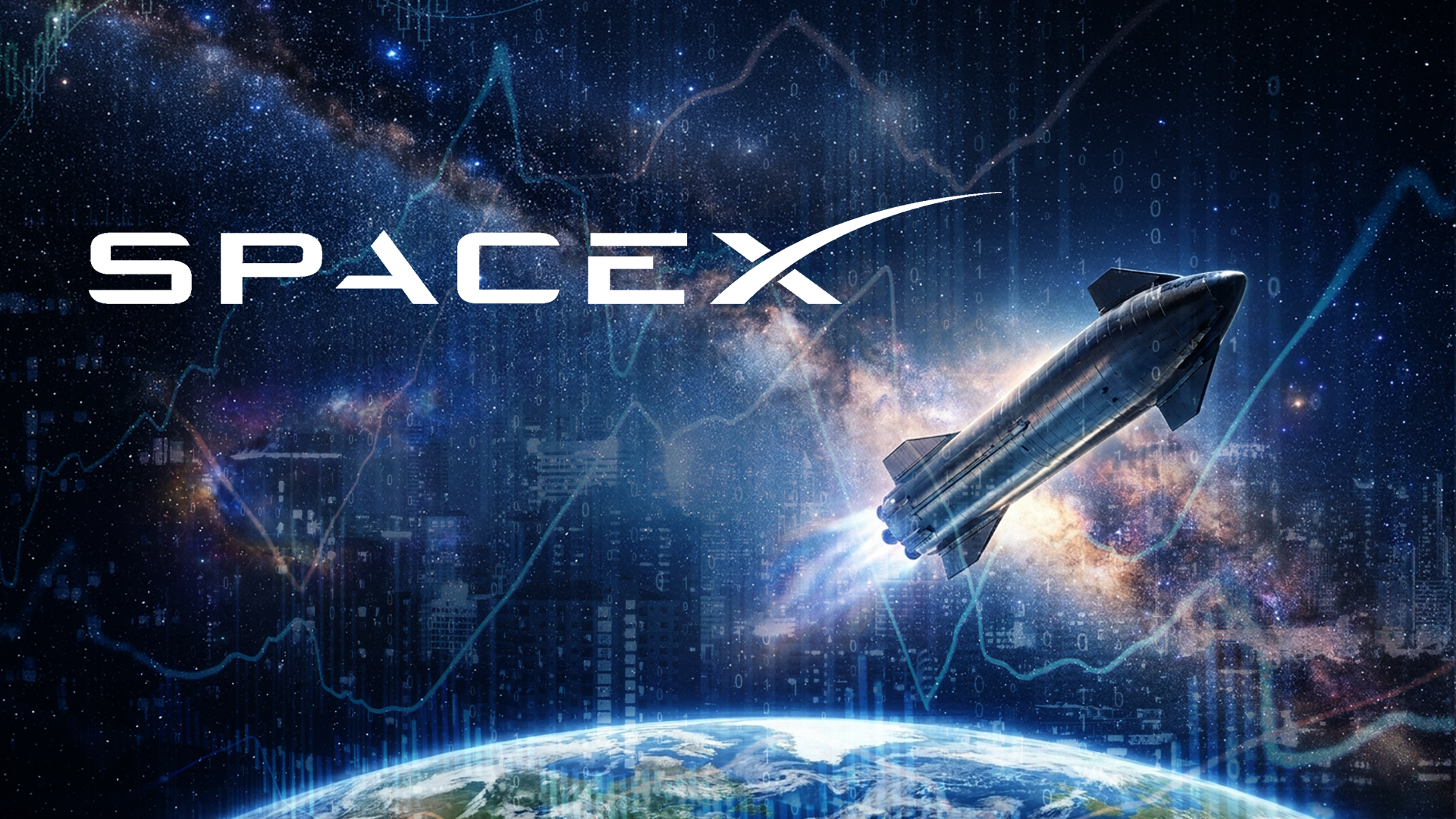 webinar 25 giugno uno spazio con la terra e un missile. sopra c'è la scritta "Space x" e sullo sfondo è presente un grafico
