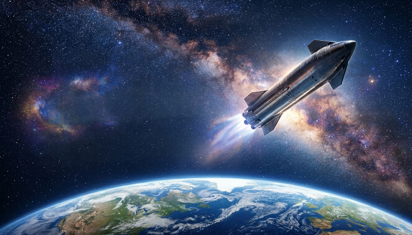 space uno spazio con la Terra che si vede in lontananza e un razzo in primo piano