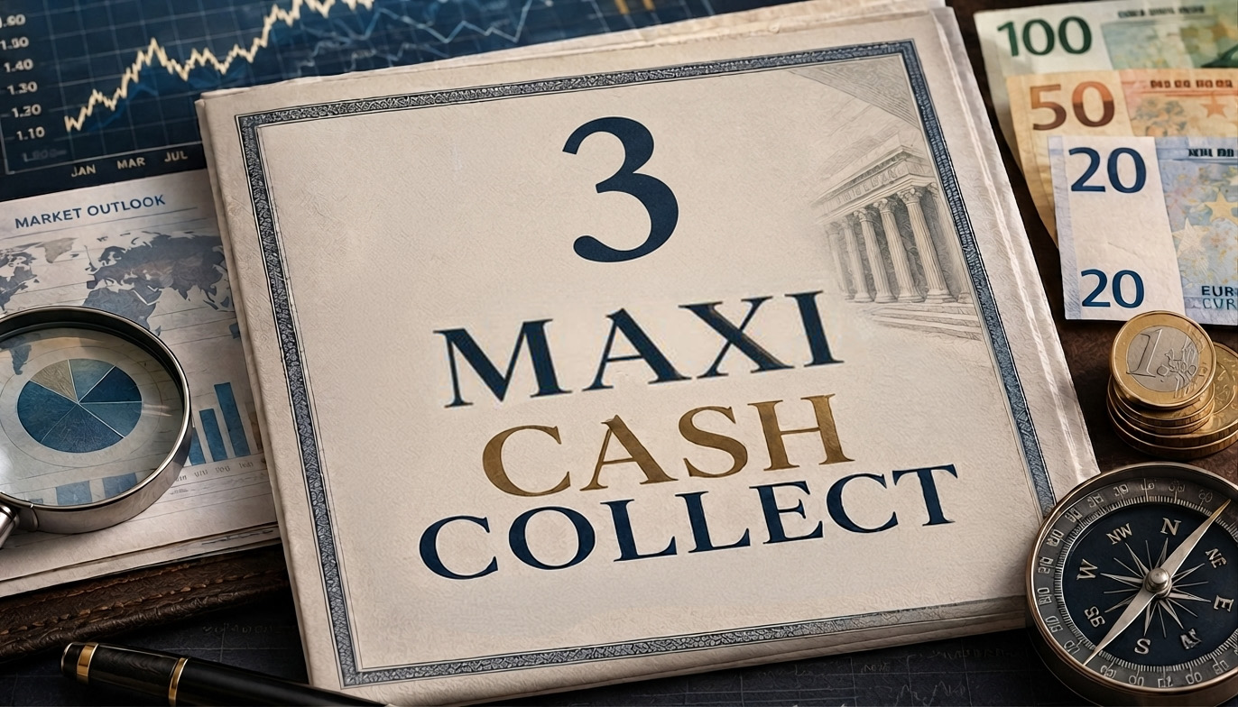 tre maxi cash collect un foglio rovinato con scritto sopra 3 maxi cash collect. Il foglio è appoggiato su un piano dove ci sono banconote, grafici, una lente di ingrandimento e una bussola