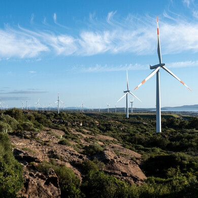 Parco eolico in paesaggio verdeggiante