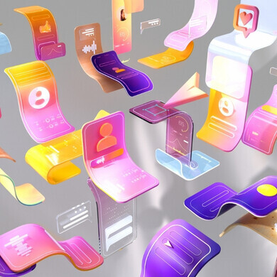 Immagine digitale generata di icone astratte dei social media su schermi curvi multicolori, su sfondo bianco.