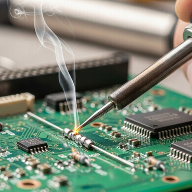 Operatore durante la sistemazione di un chip Operatore mentre posiziona un chip elettronico su una scheda