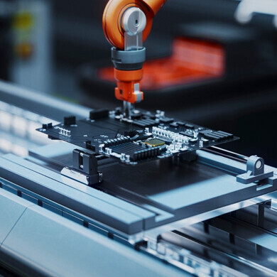 Braccio robotico che assembla una scheda madre su una linea di produzione automatizzata in una fabbrica high-tech Un braccio robotico di precisione monta una scheda madre su una linea di assemblaggio automatizzata in una moderna fabbrica di elettronica, evidenziando produzione avanzata, tecnologia ed efficienza.