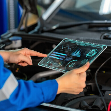 Tecnico specializzato controlla le prestazioni del motore dopo la manutenzione in officina, utilizzando computer e display digitali Tecnico specializzato controlla le prestazioni del motore dopo manutenzione e setup in officina, utilizzando strumenti digitali avanzati.