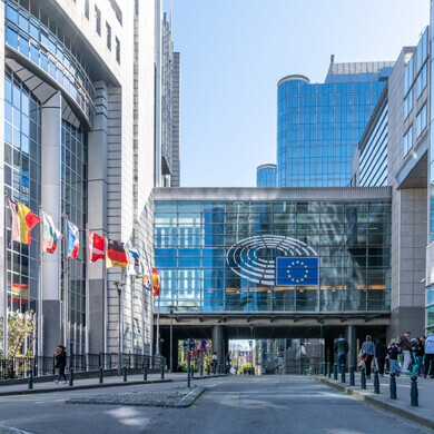 Bandiere dell’Unione Europea davanti al palazzo del Parlamento a Bruxelles, Belgio 19 aprile 2023, Bruxelles, Belgio: Foto delle bandiere dell’UE davanti al Parlamento Europeo a Bruxelles, Belgio.