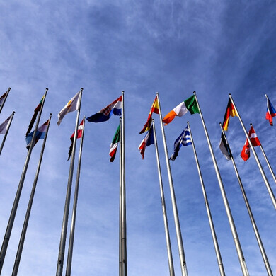 Bandiere Unione Europea fuori dal Parlamento di Strasburgo Bandiere Unione Europea fuori dal Parlamento di Strasburgo, Francia.