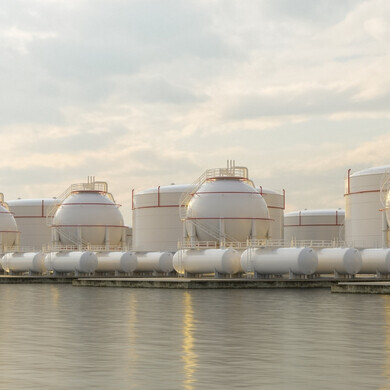 Serbatoi di stoccaggio del gas sulla costa al tramonto.