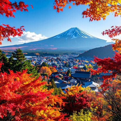 Vista del Monte Fuji con il suo profilo innevato che domina il paesaggio circostante.