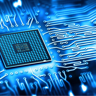 Chip blu Chip blu con circuiti e dettagli elettronici in primo piano