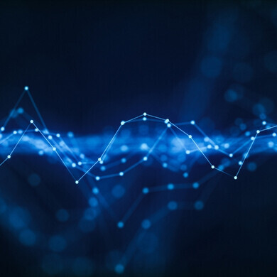 Onda digitale futuristica con punti dati Onda digitale astratta blu formata da nodi e linee luminosi interconnessi, simbolo di trasmissione dati, reti neurali o analisi dei mercati finanziari, ideale per tecnologia, intelligenza artificiale e blockchain.