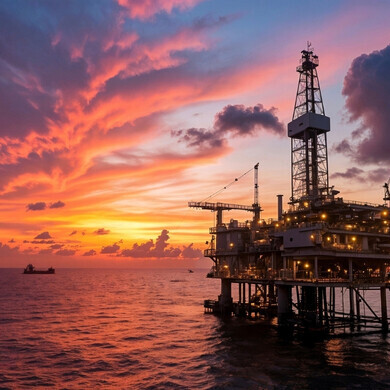 Piattaforma petrolifera offshore al tramonto sull'oceano Fotografia scattata nello stato della Georgia, Stati Uniti, con paesaggio urbano o naturale tipico della regione.