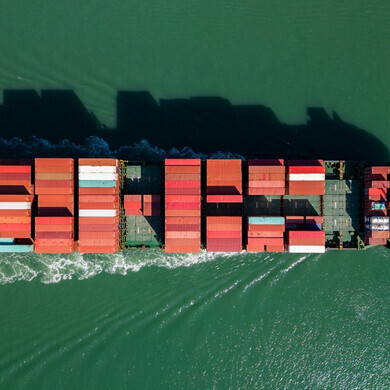 Immagine di una nave cargo in mare, carica di container impilati sul ponte.