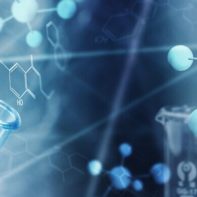 Grafica che combina simboli chimici e farmaceutici per rappresentare l’industria del settore