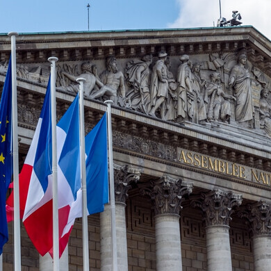 Dettaglio delle colonne e delle decorazioni della facciata dell’Assemblée Nationale