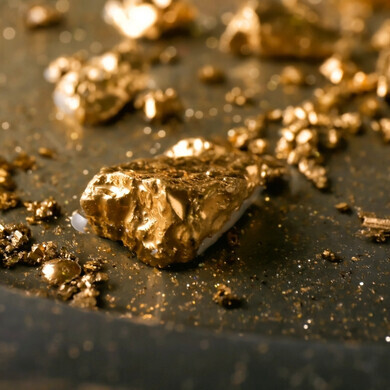 Gemmed'oro e piccoli frammenti Piccoli frammenti e pepite d’oro su sfondo neutro