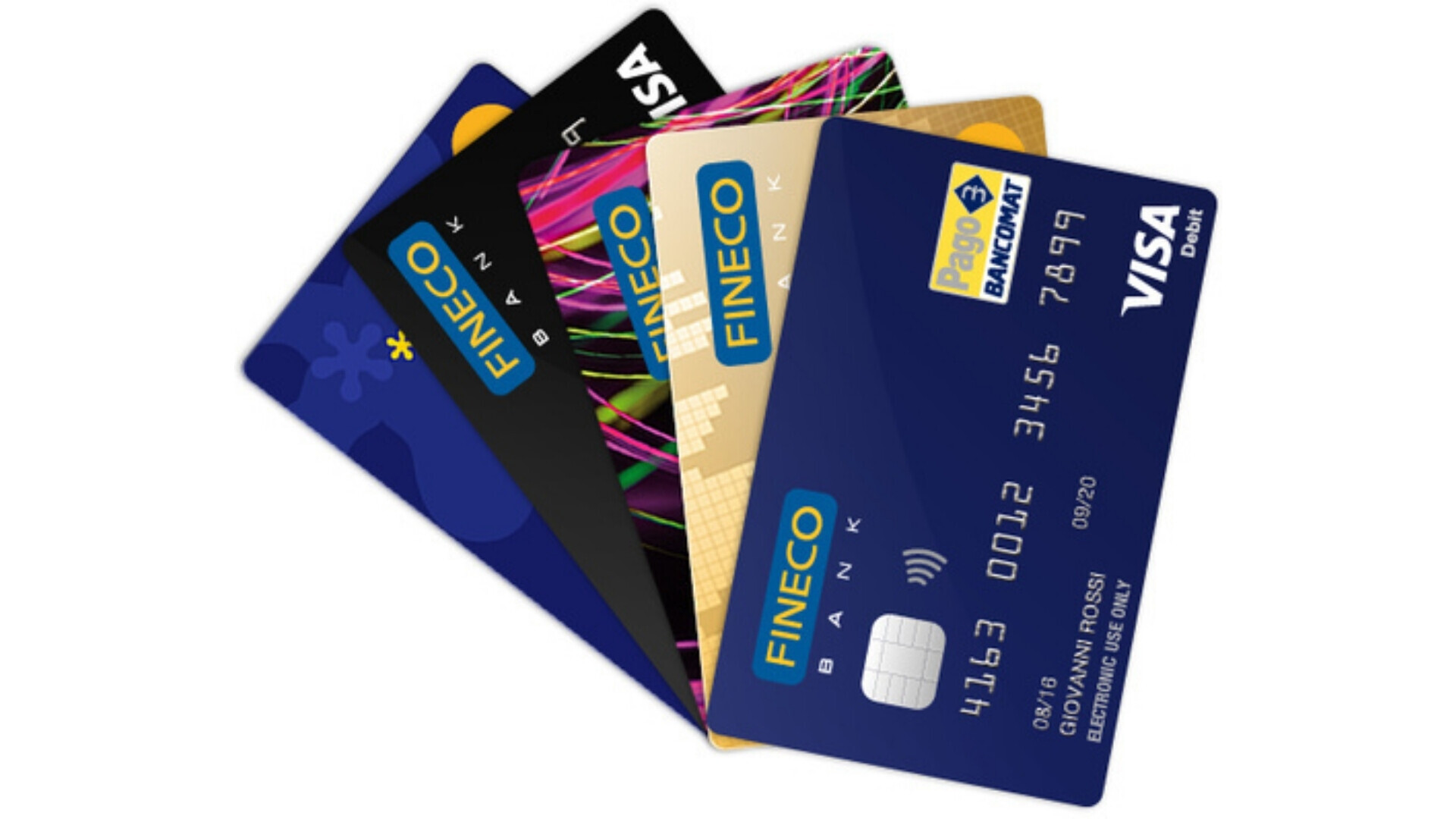 Carte di credito Fineco Primo piano di carte di credito Fineco su sfondo neutro.