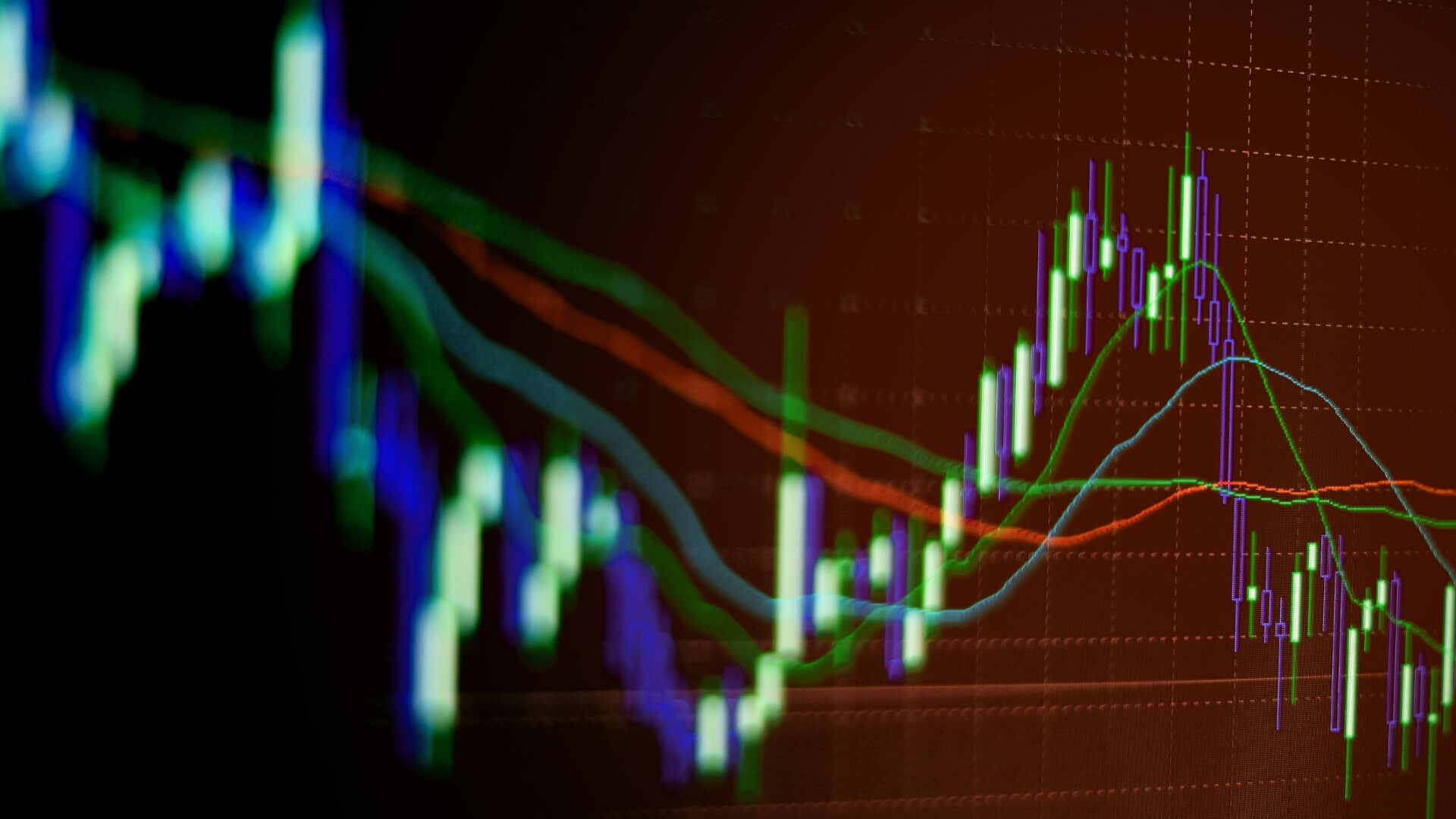 Bagliori su un grafico finaniziario verde e viola Effetti luminosi verdi e viola su un grafico finanziario