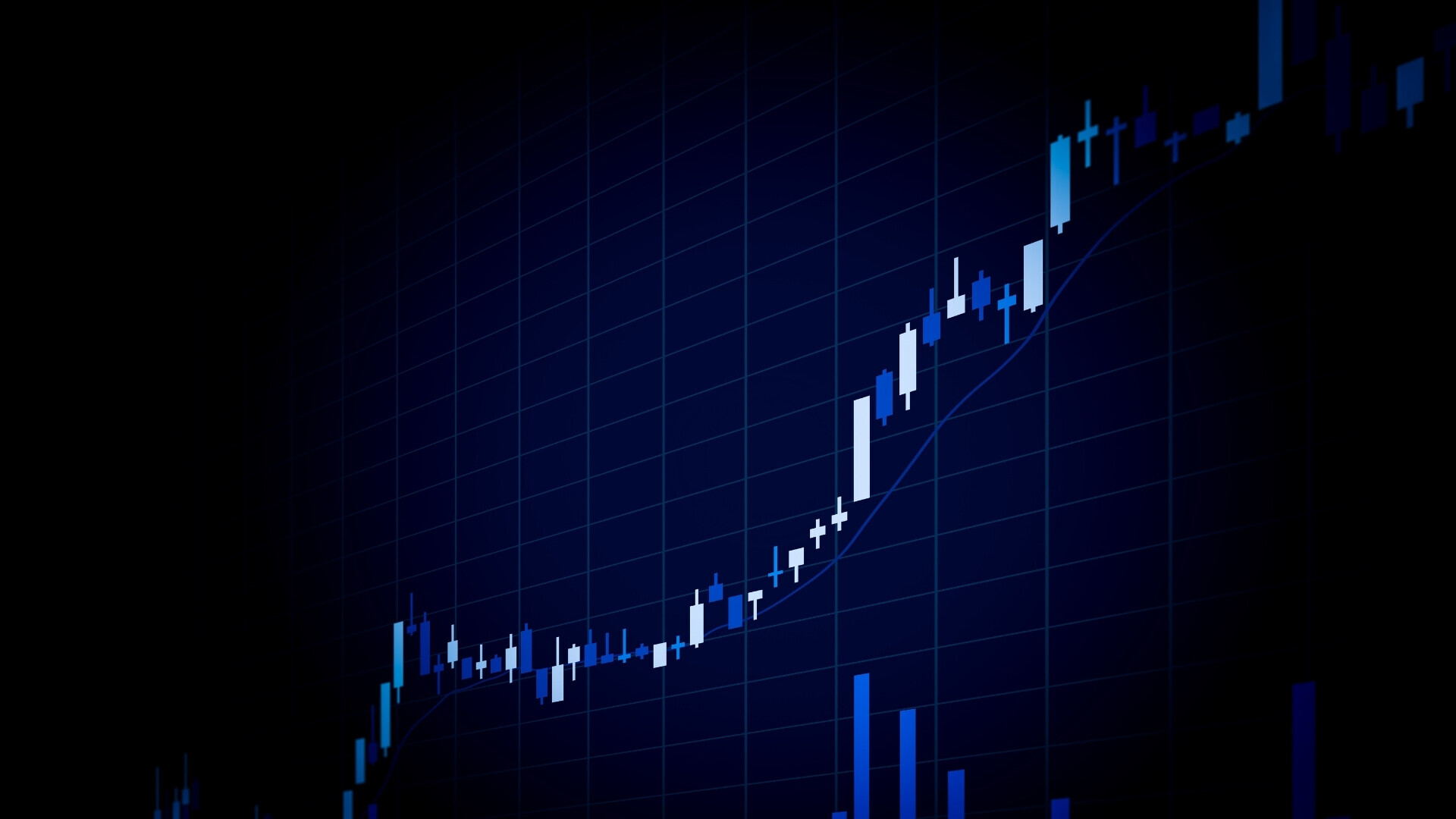 Grafico a candele su sfondo blu Grafico a candele evidenziato su sfondo blu