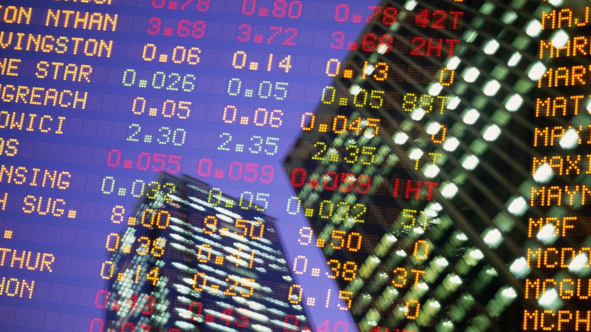 Grattacielo e dati finanziari (composito digitale) Melbourne, Victoria, Australia.