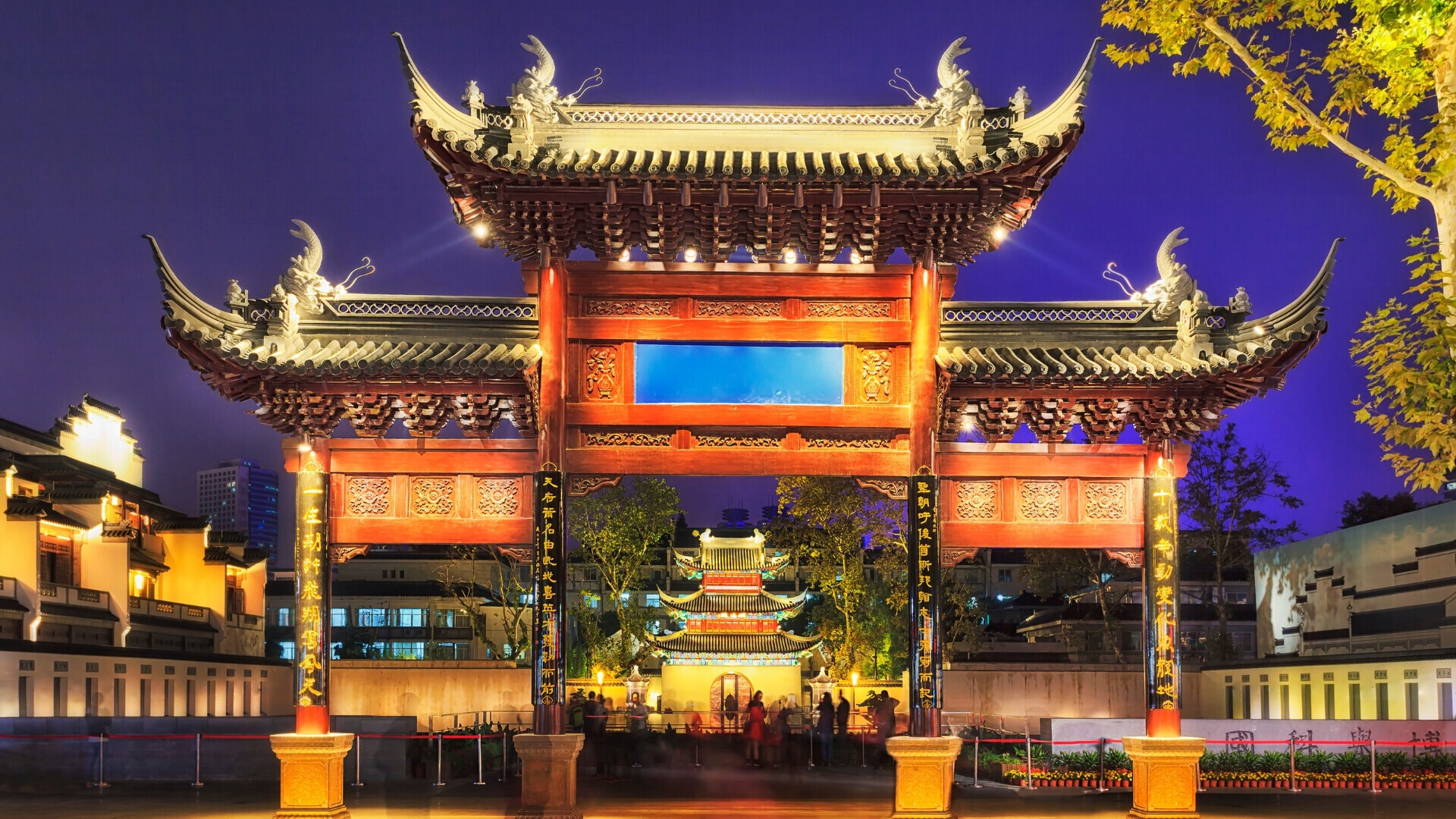 Nanjing Lu (Nanjing Road) Strada commerciale di Nanjing Road affollata e illuminata