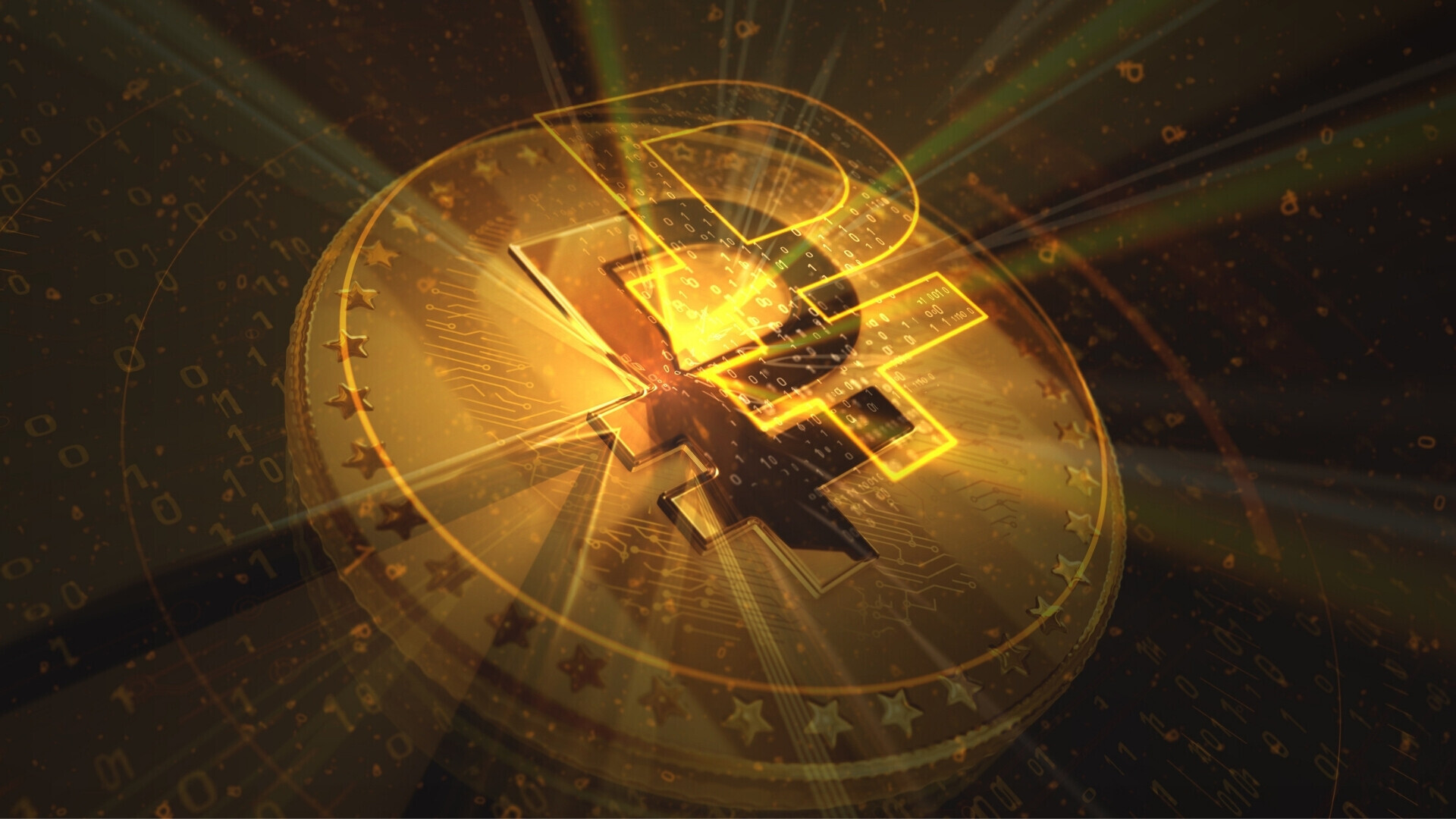 Criptovaluta Rublo Digitale (RUB) rappresentata come moneta d’oro su sfondo verde. Illustrazione 3D concettuale astratta.