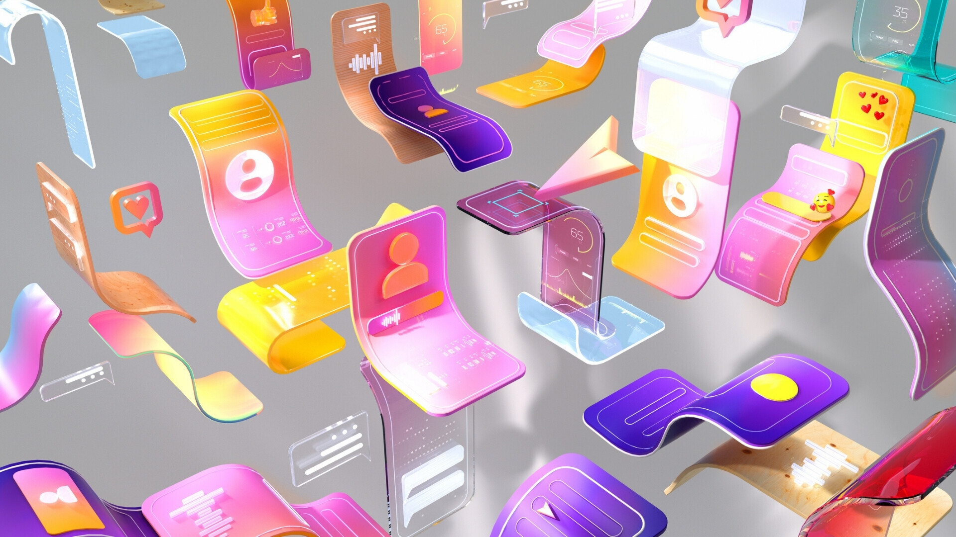 Schermi curvi dei social media Immagine digitale generata di icone astratte dei social media su schermi curvi multicolori, su sfondo bianco.