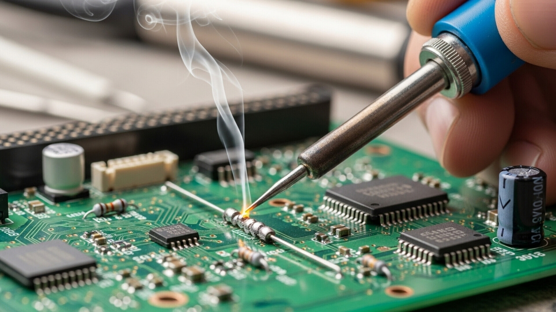 Operatore durante la sistemazione di un chip Operatore mentre posiziona un chip elettronico su una scheda