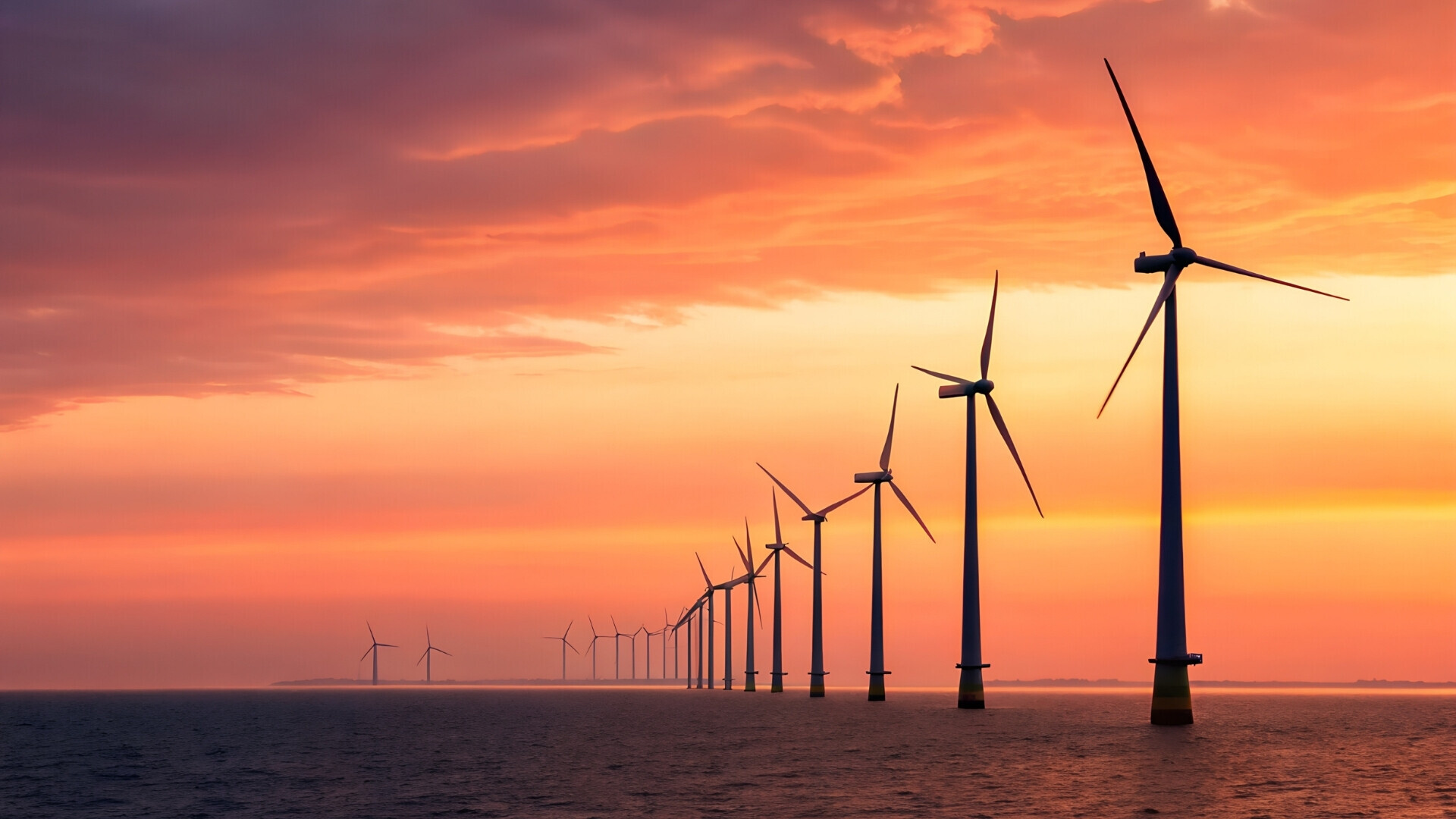 Pale eoliche silhouettate contro il cielo al tramonto.