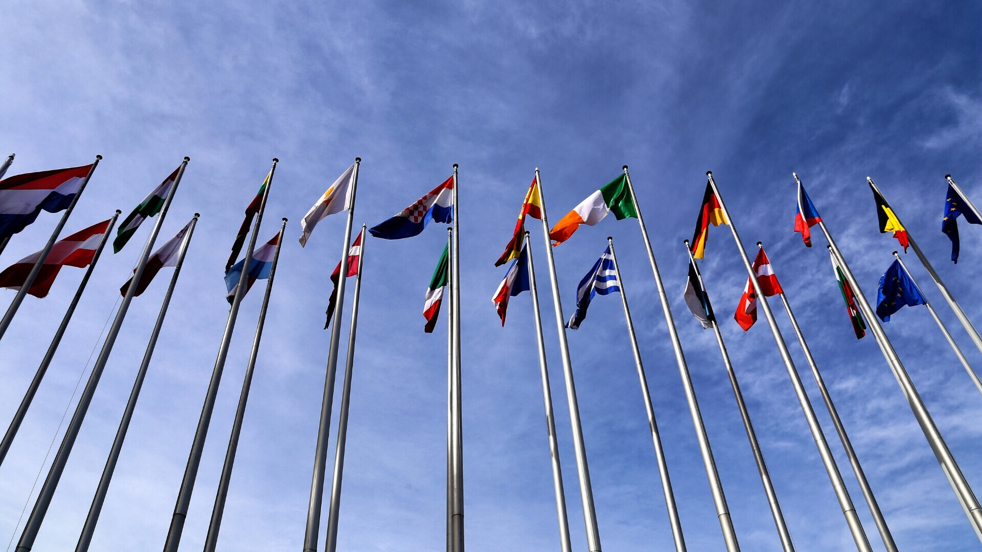 Bandiere Unione Europea fuori dal Parlamento di Strasburgo Bandiere Unione Europea fuori dal Parlamento di Strasburgo, Francia.
