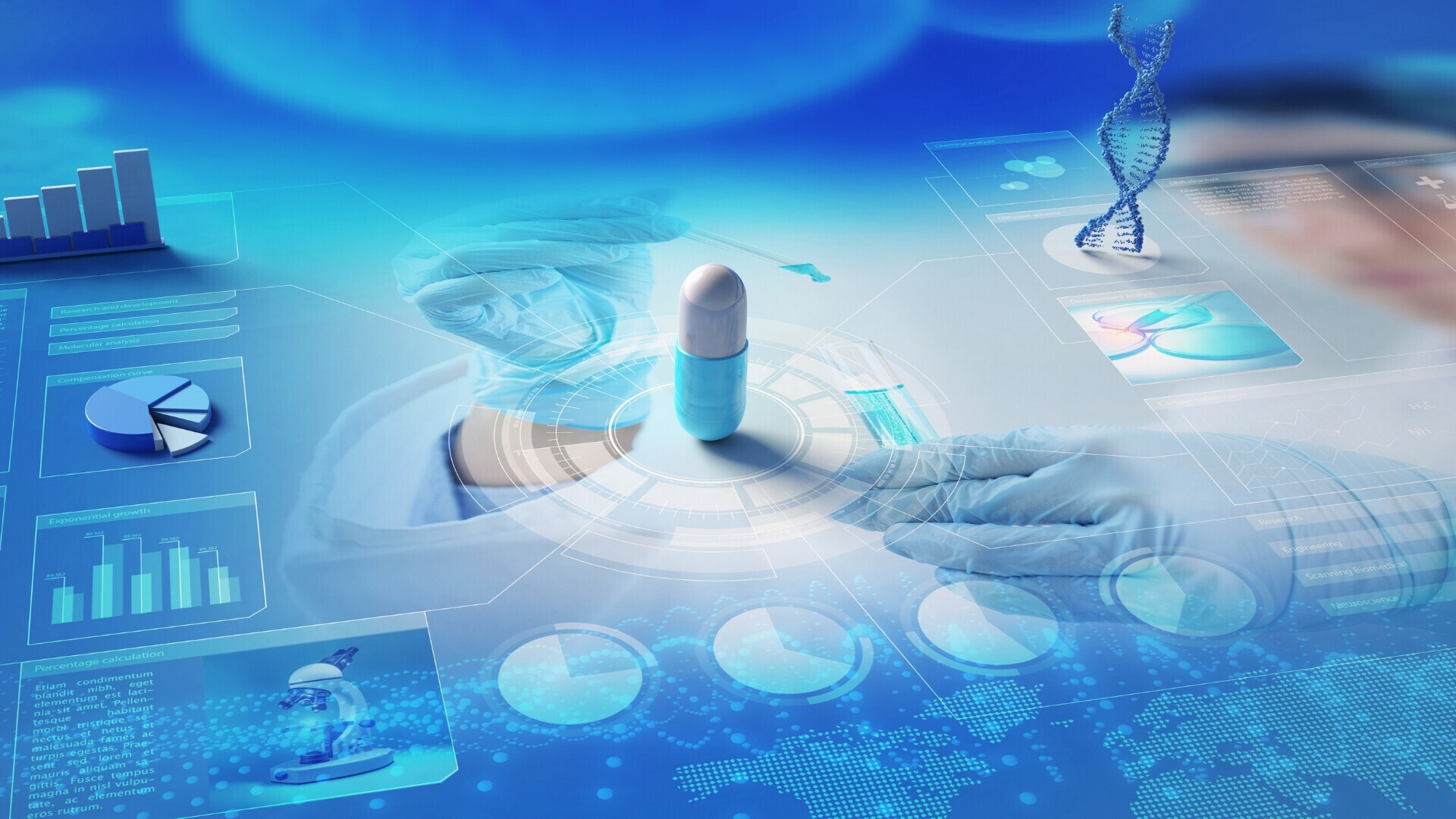 Settore farmaceutico Illustrazione concettuale del settore farmaceutico con prodotti, strumenti e simboli medici