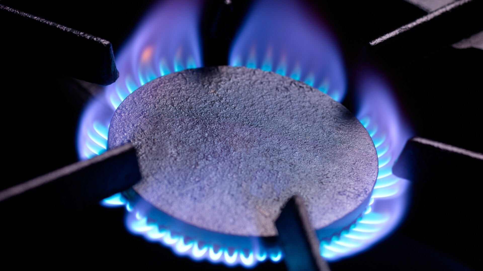 Piano cottura a gas con fiamma blu Fornello acceso con fiamma blu uniforme, simbolo di cucina domestica sicura e funzionamento corretto del gas.