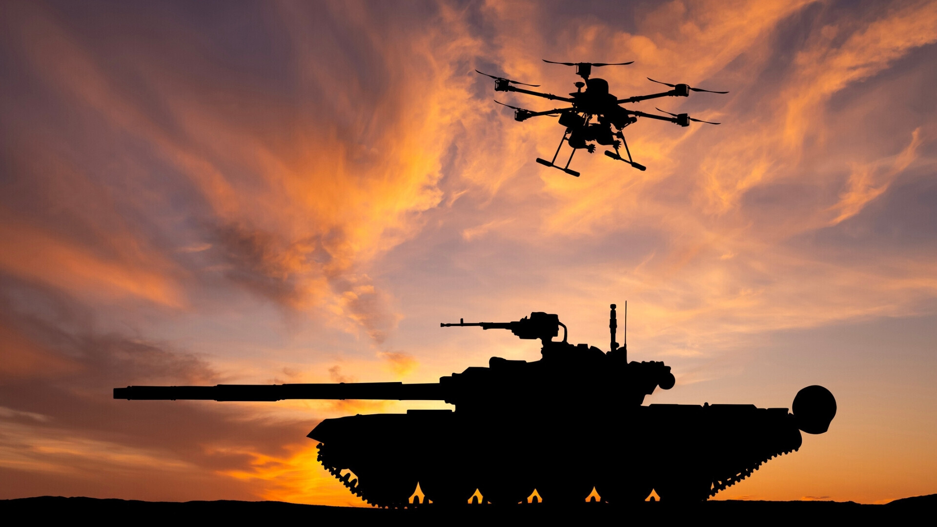 Drone militare con bombe sopra un carro armato Drone da combattimento sorvola un carro armato, pronto a sganciare bombe in un contesto bellico simulato o reale.