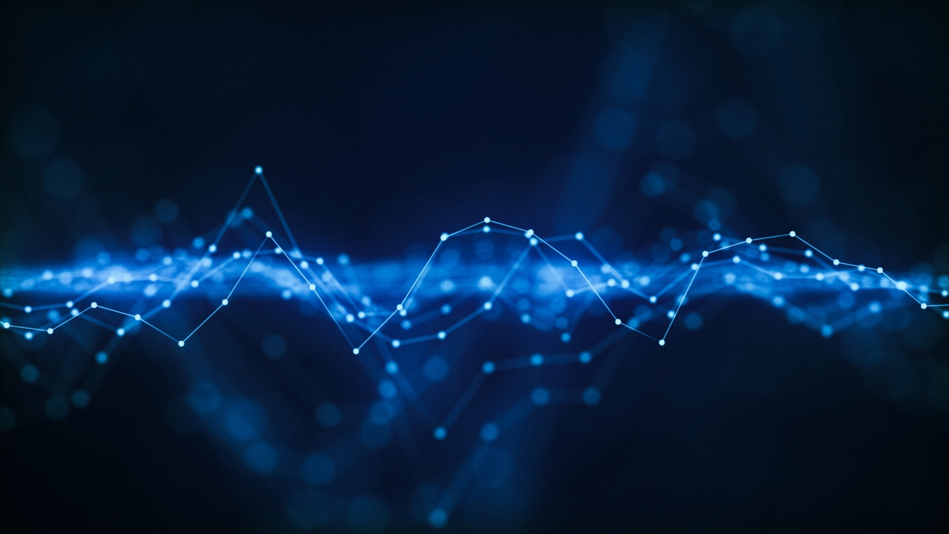 Onda digitale futuristica con punti dati Onda digitale astratta blu formata da nodi e linee luminosi interconnessi, simbolo di trasmissione dati, reti neurali o analisi dei mercati finanziari, ideale per tecnologia, intelligenza artificiale e blockchain.