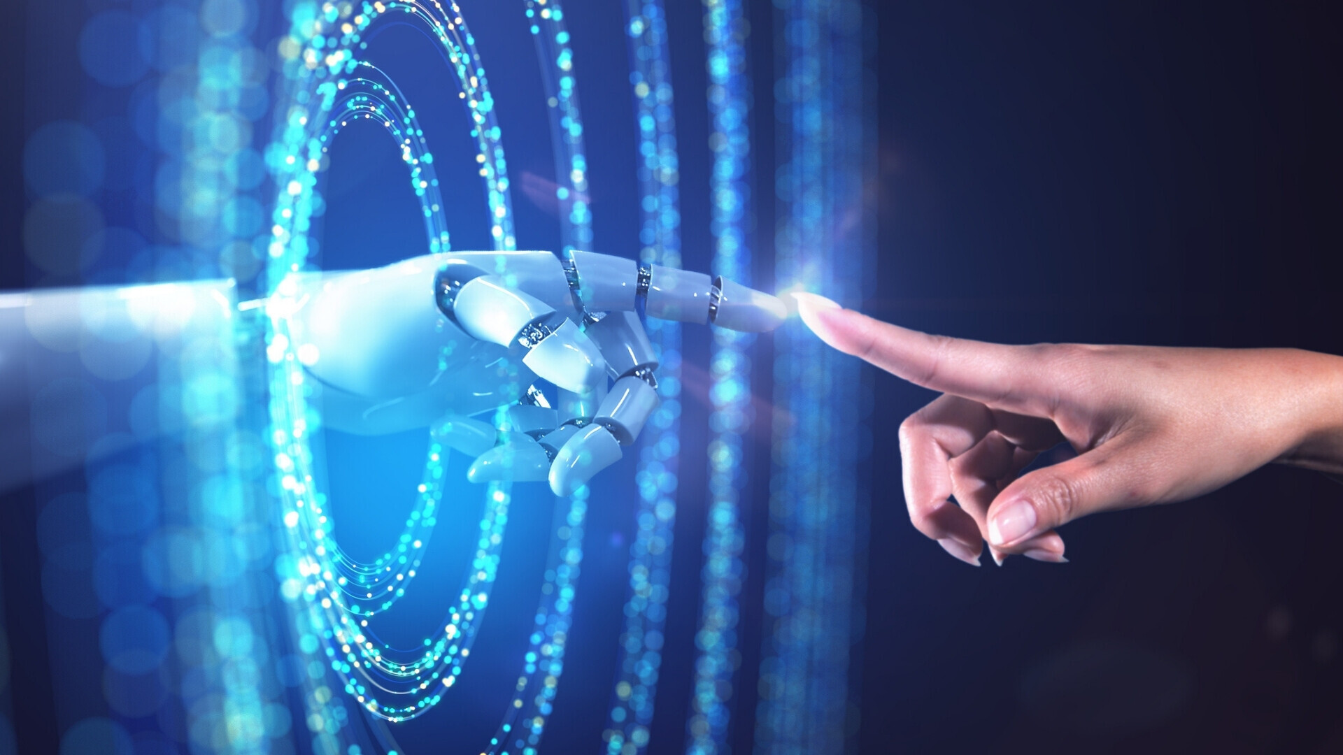 Dal mondo reale al mondo digitale Immagine astratta di una mano femminile che accede al mondo digitale dal mondo reale.