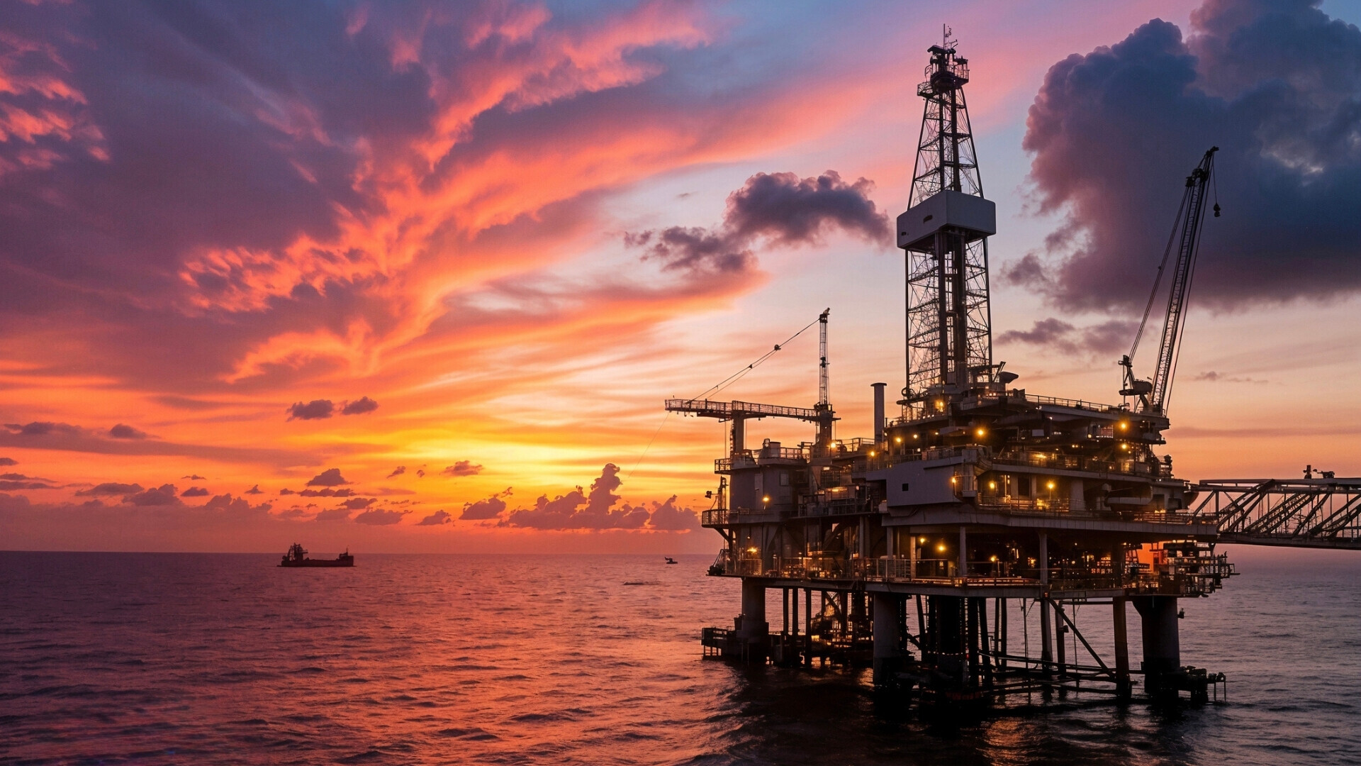 Piattaforma petrolifera offshore al tramonto sull'oceano Fotografia scattata nello stato della Georgia, Stati Uniti, con paesaggio urbano o naturale tipico della regione.