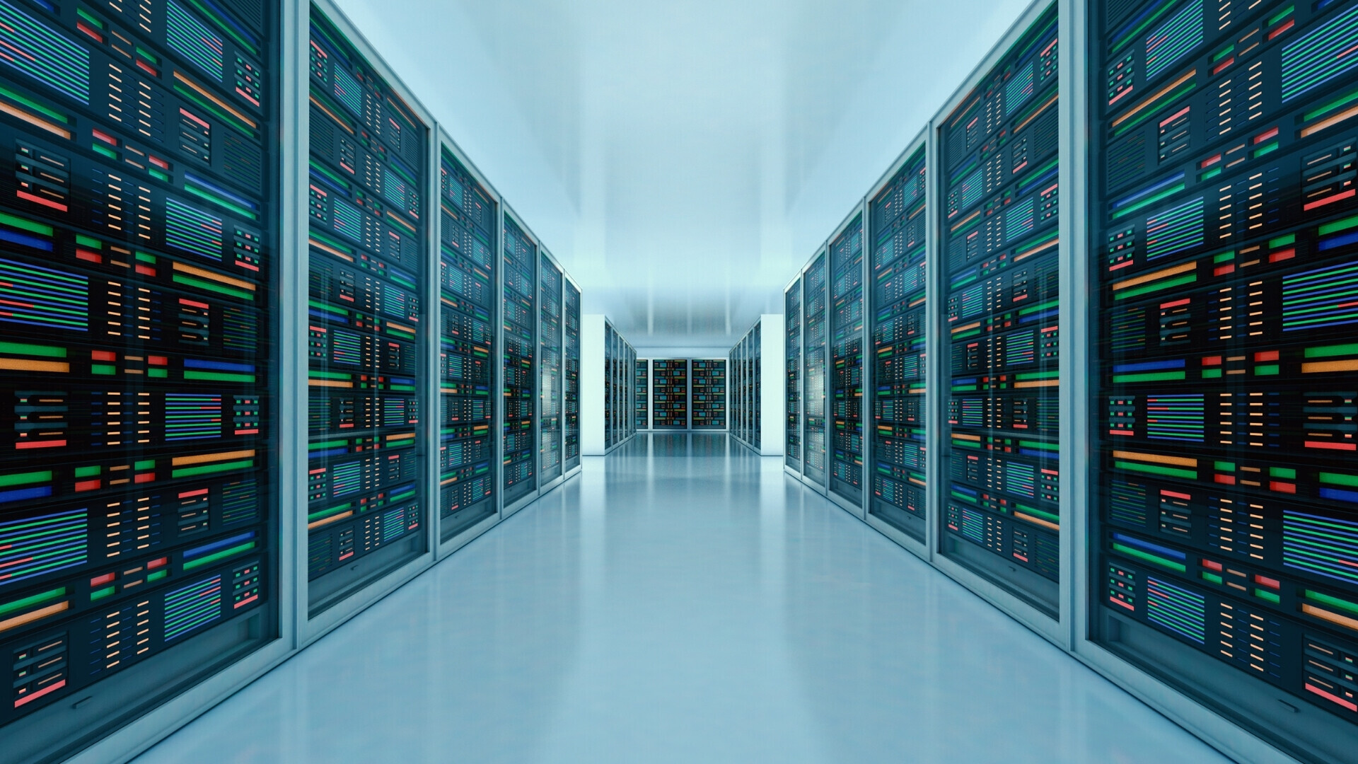 Data center Interno di un data center con file di rack contenenti server e sistemi di raffreddamento.