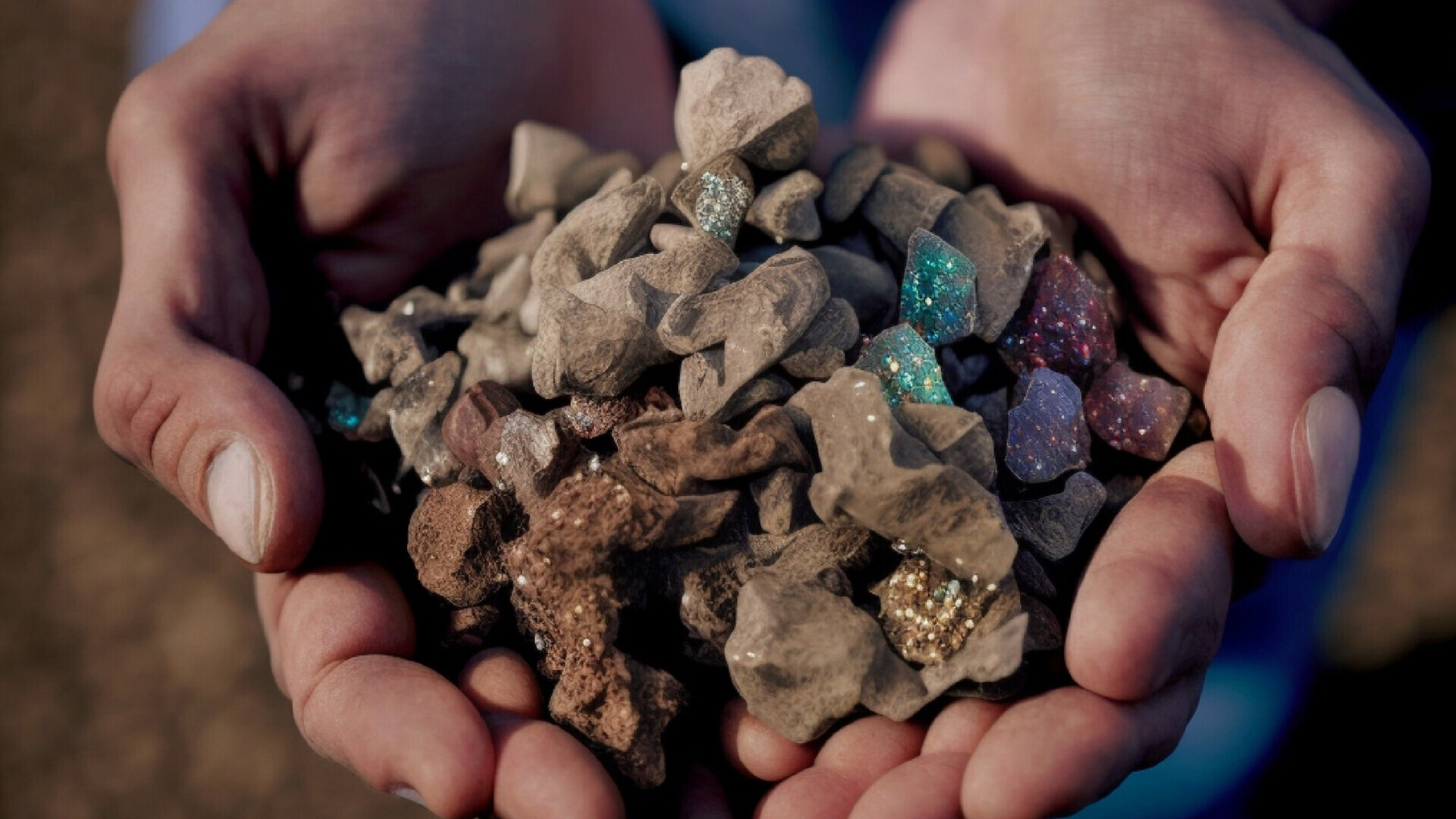 Terre rare raccolte in due mani Due mani che tengono una piccola quantità di terre rare per esposizione o studio