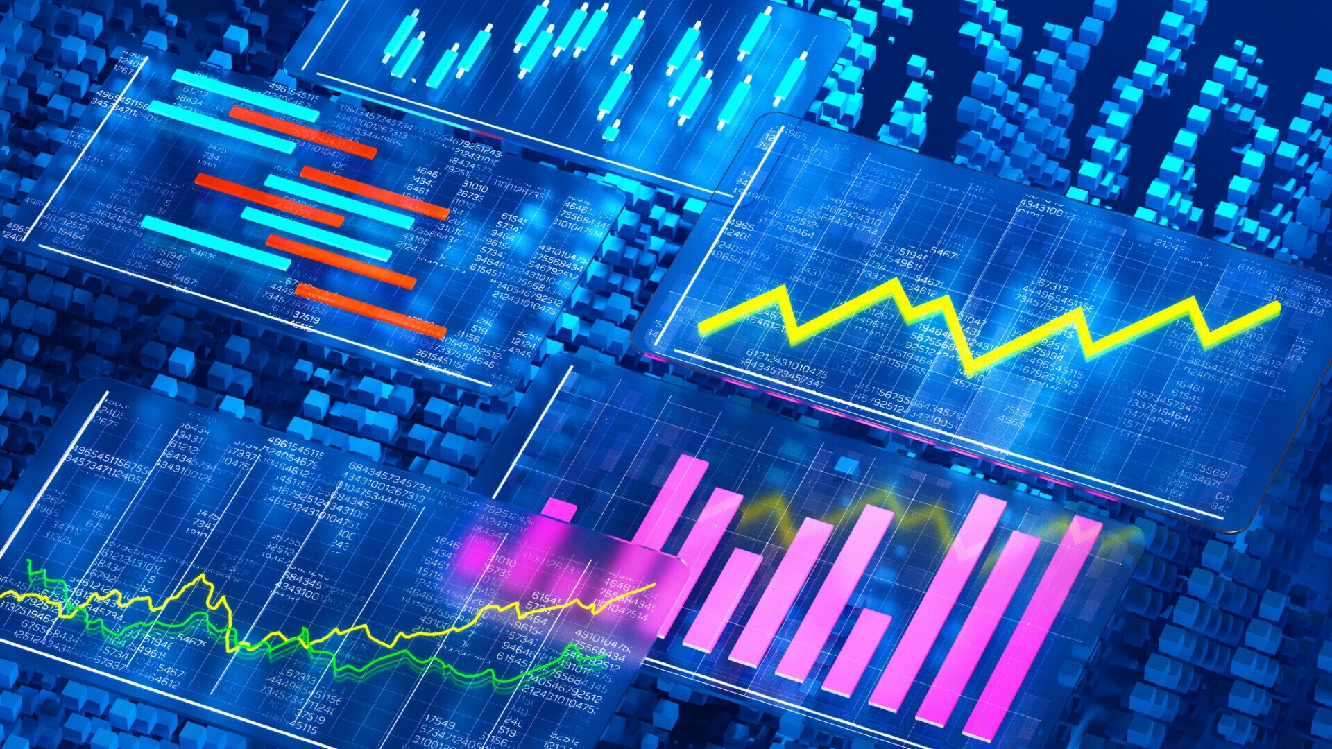 Evoluzione della finanza digitale. Tecnologia Fintech innovativa. Visualizzazione degli investimenti finanziari. Monitoraggio del mercato azionario Immagine digitale generata di più cubi bianchi con grafici e diagrammi economici astratti. Concetto fintech.