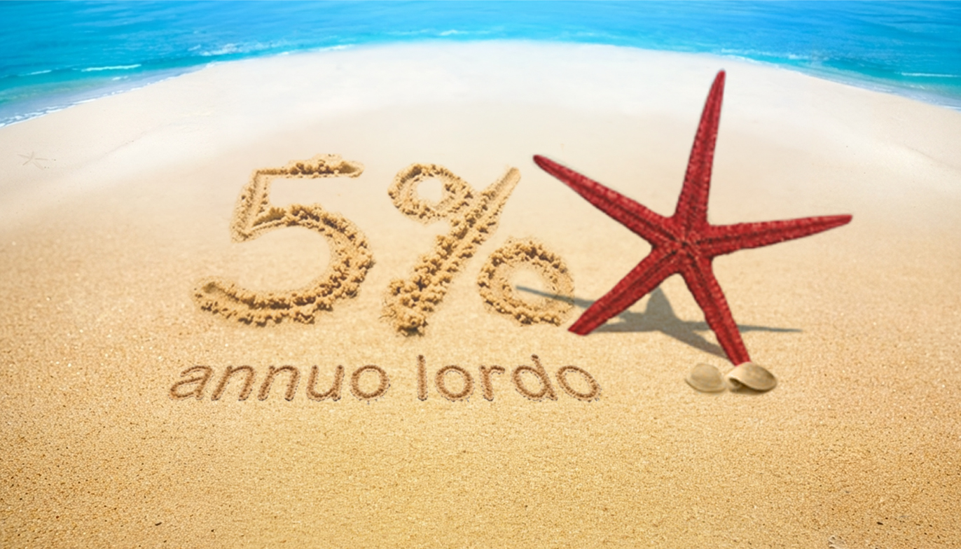 websim_bond spiaggia con il mare, al centro la scritta 5% annuo lordo co affianco una stella marina rossa